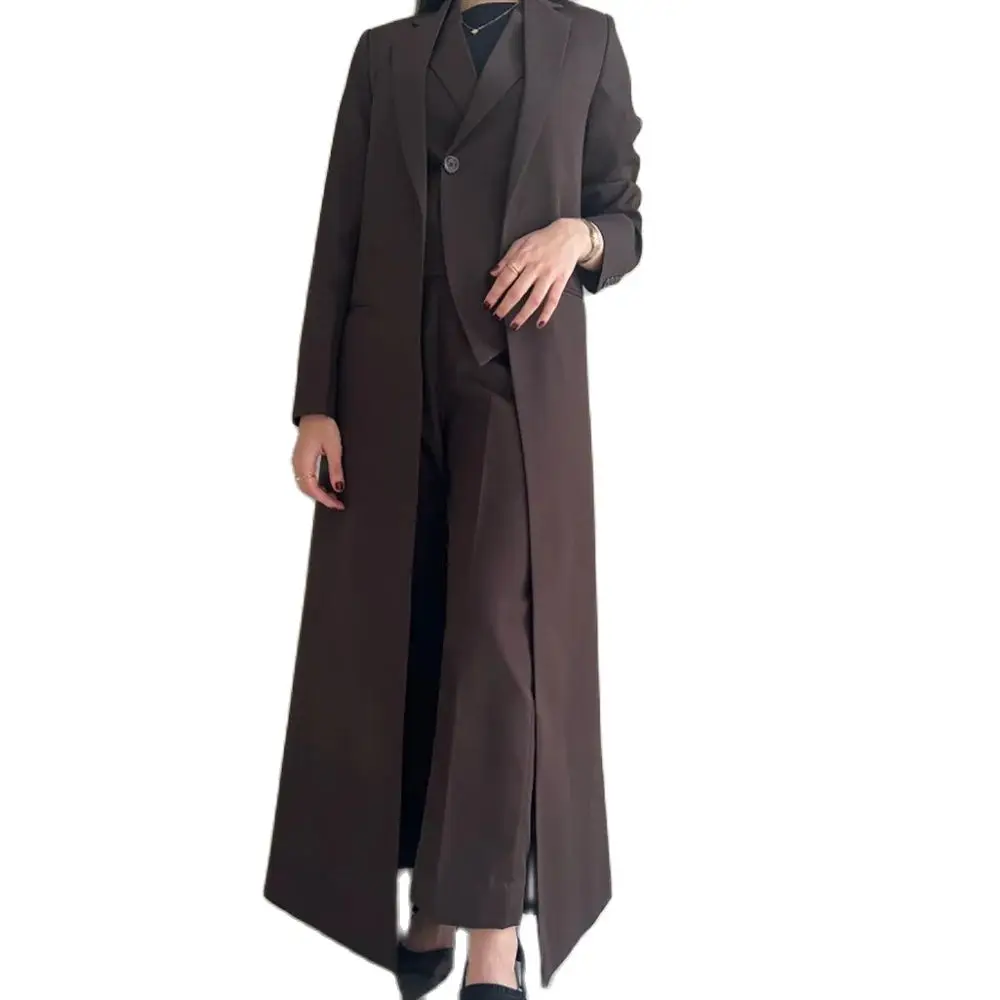 Элегантный тонкий женский длинный жакет из 3 предметов (пиджак + брюки жилет)