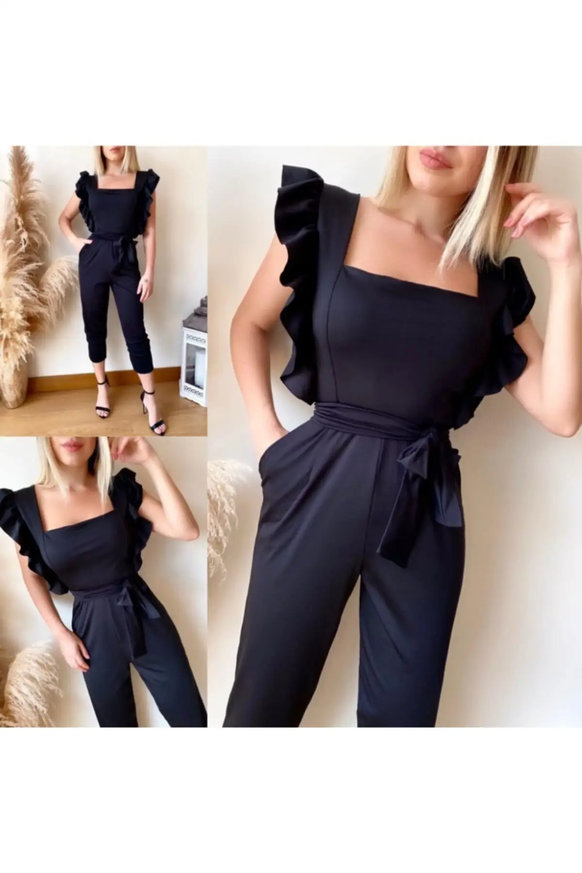

Women's Overalls Black Frill And Belt Detailed Sports Dress Hot Casual Fashion Sleeveless Baggy Trousers Overalls