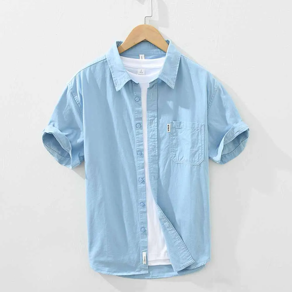 Summer Cool Men Short-sleeved Shirt Solid Color Fashion Casual Loose Button Pocket Shirt Male Clothing Top