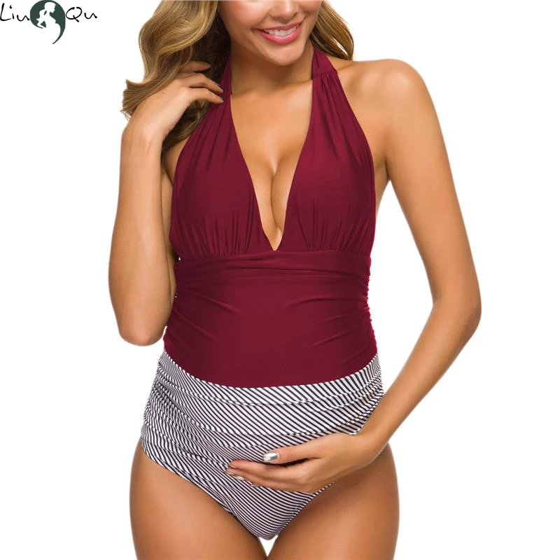 

Liu&Qu One Piece Maternity Swimsuits V Neck Stripe Halter Pregnancy Swimwear Deep Monokini High Waisted Pregnant Bathing Suits