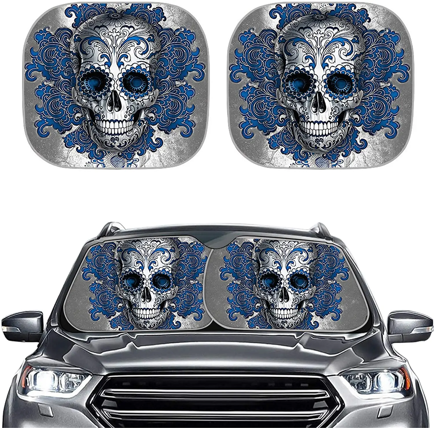 

Blue Skull Car Windshield Sunshades Car Truck Accessories SUV Sun Visor Protector Decor Blocks UV Rays Unviersal Fit 2 Pcs