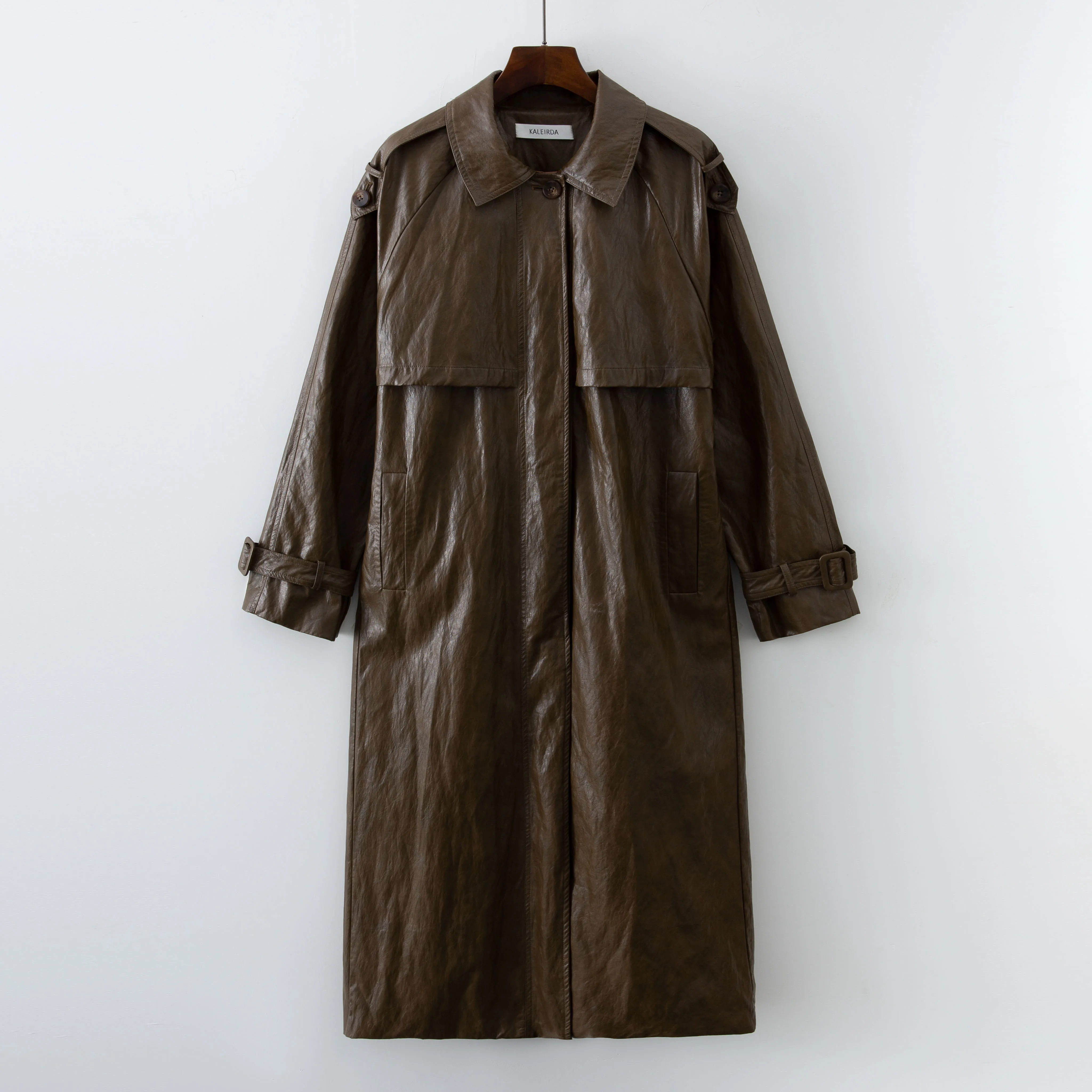 Женский Длинный кожаный тренчкот ветровка с поясом осень 2021 |