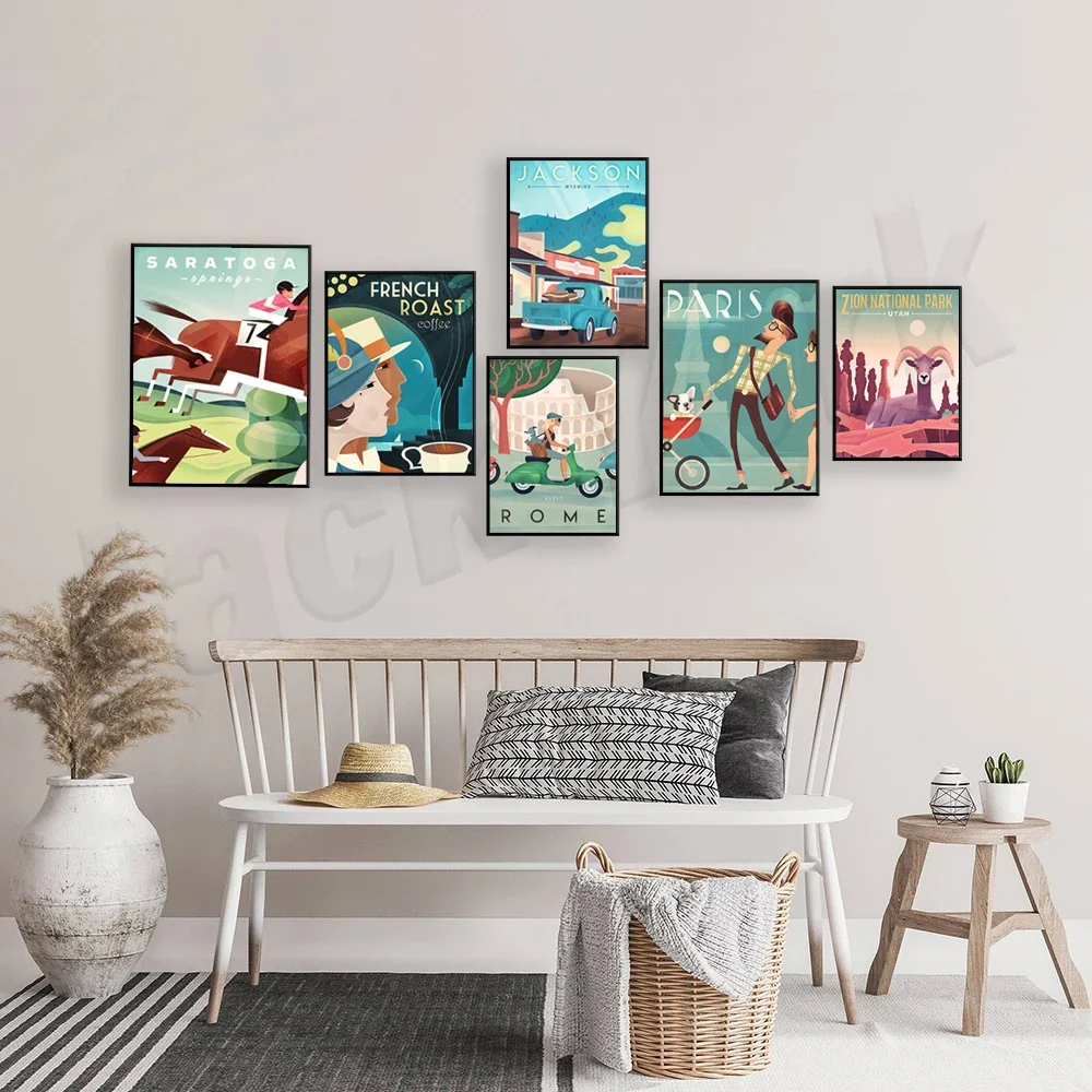 Wyoming Zion Badlands National Park bison Paris Rhode Island Saratoga France Rome camping coffee vintage travel poster