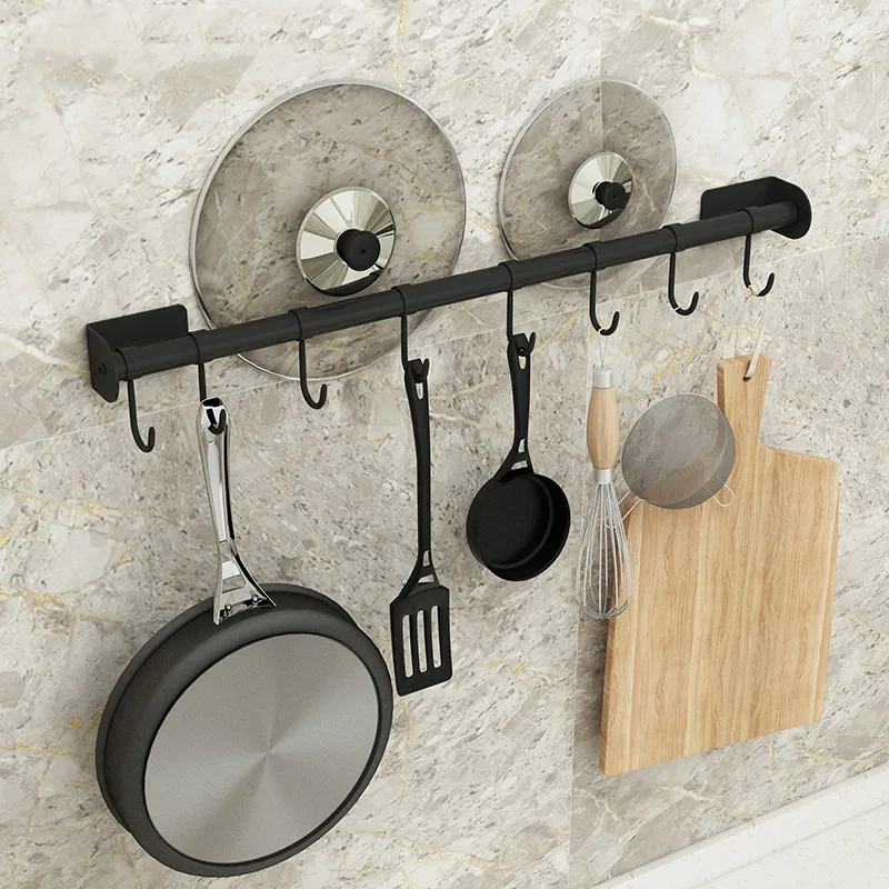 

Stainless Steel Movable Hooks Rack Bar Hanger Kitchen Utensils Pan Pot Rod Storage Organizer Wall Mounted Cookware Spoon Holder