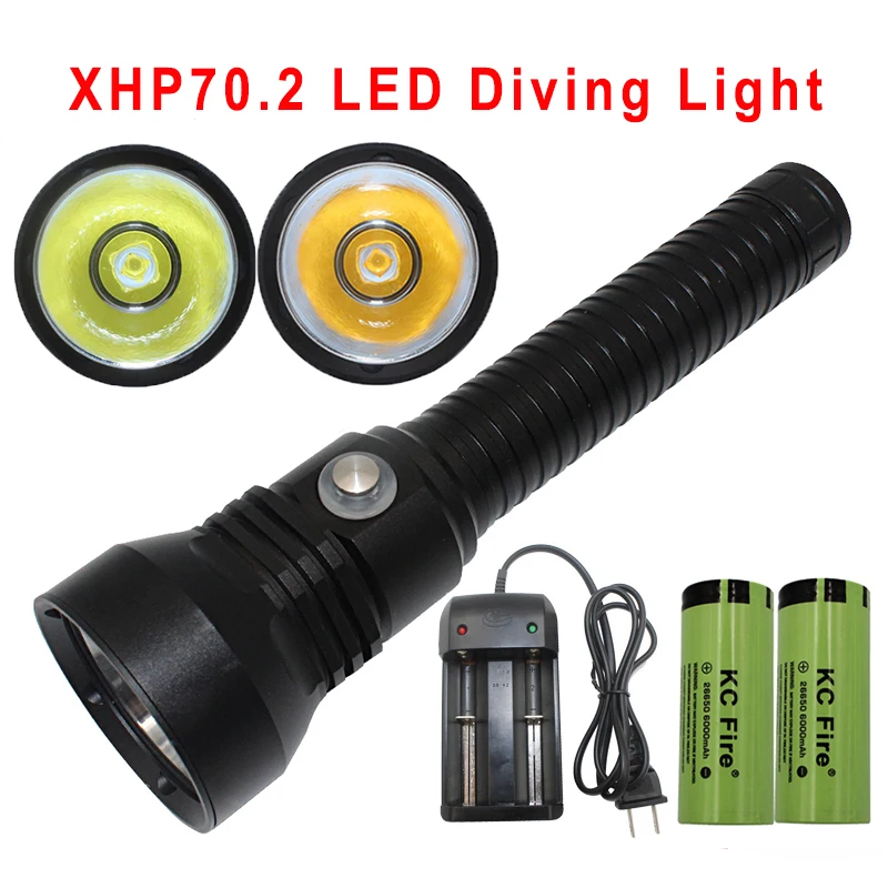 

XHP70.2 LED Diving Flashlight Torch 26650 Tactical Underwater Light Yellow/White 4000 Lumens Waterproof Scuba XHP70 Dive Light