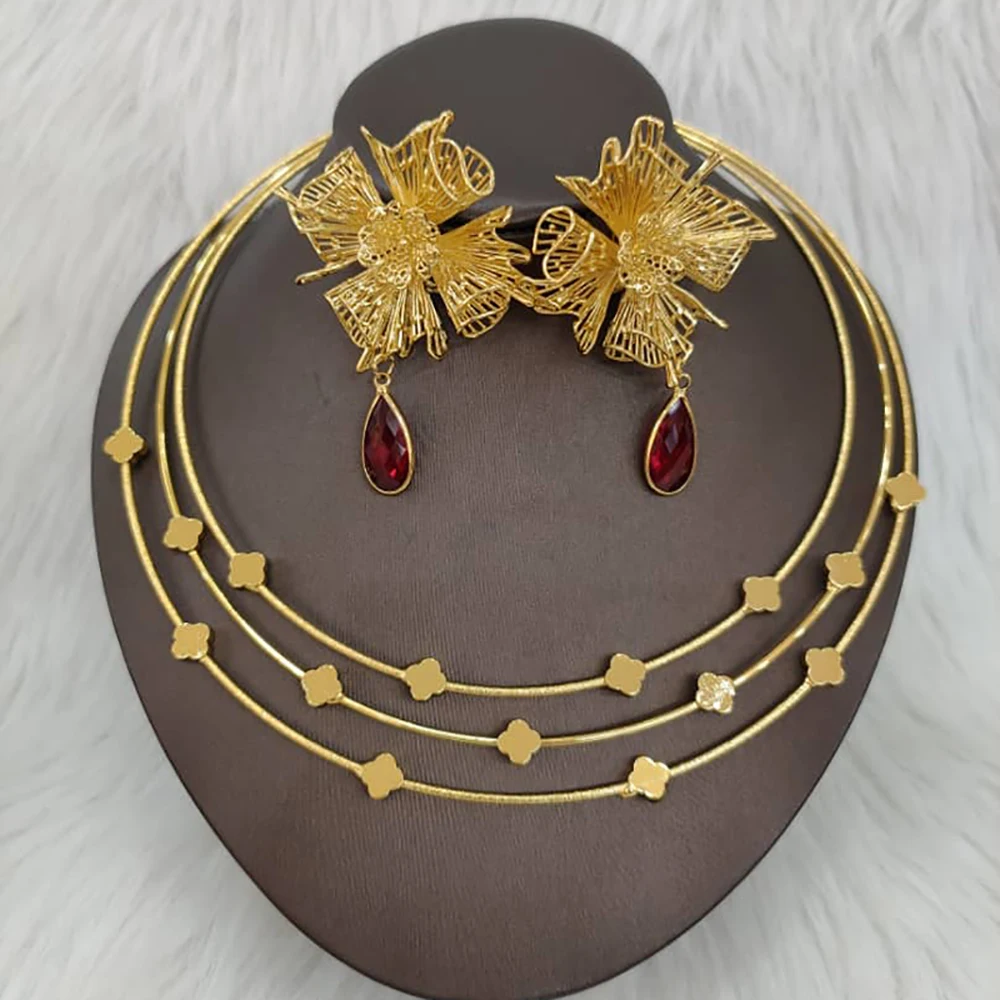 

Gold Color Jewelry Sets Wedding Nigerian Necklace And Earrings 18k Gold Plated Jewelry Bridal Dubai Jewelry Set Party Gifts