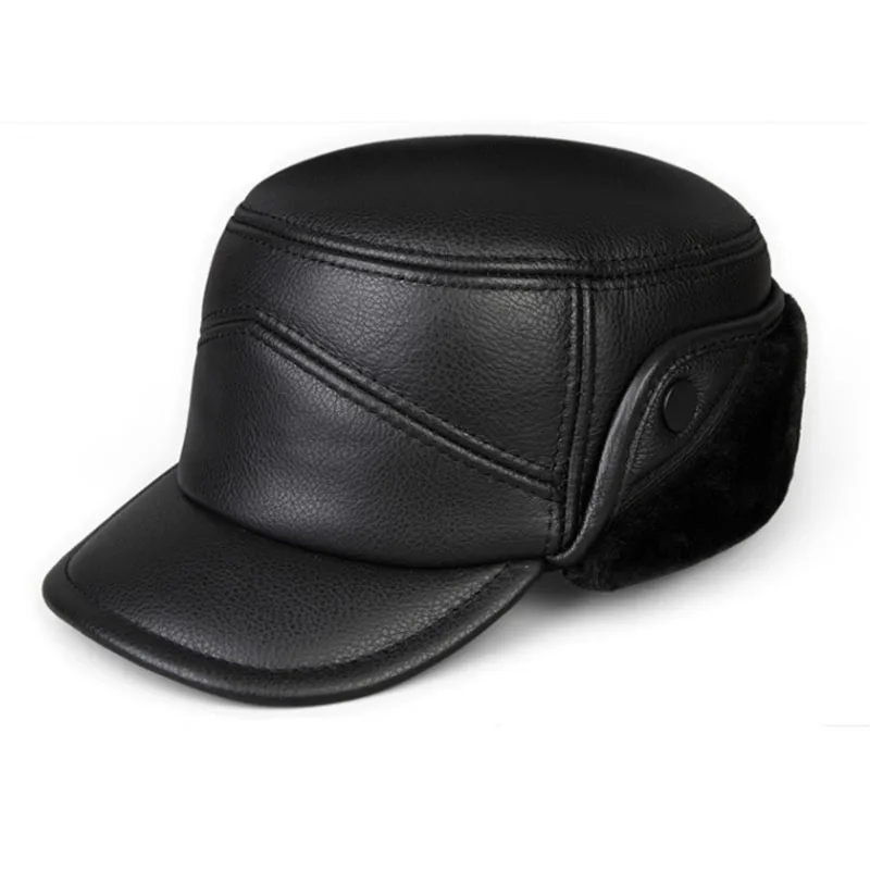 

2022 Winter Men's Hat Thicken Leather Cowhide Baseball Caps With Ears Warm Snapback Dad's Lei Feng hat