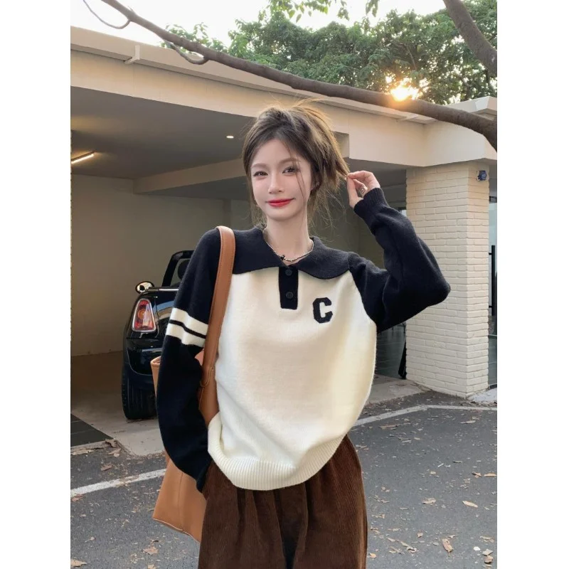 

Женский трикотажный пуловер-поло, свободный Универсальный Трикотажный свитер с круглым вырезом, Осень-зима