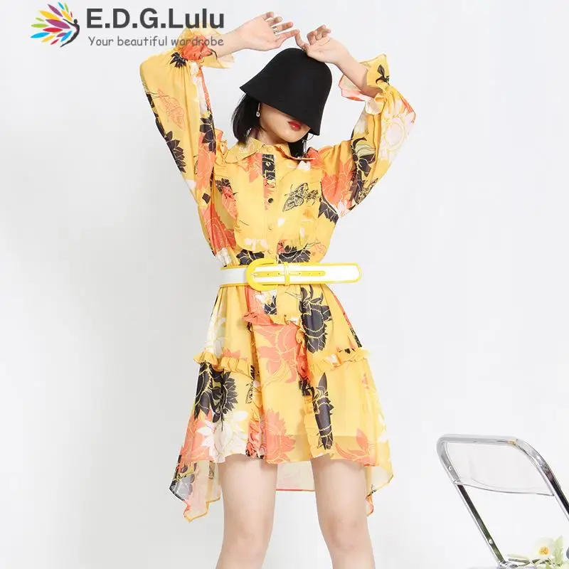 

EDGLuLu Bohemian Beach Turn-down Collar Single-breasted Yellow Print Dress Fashion Leisure Asymmetric Ruffle Dress+Sashes 0523