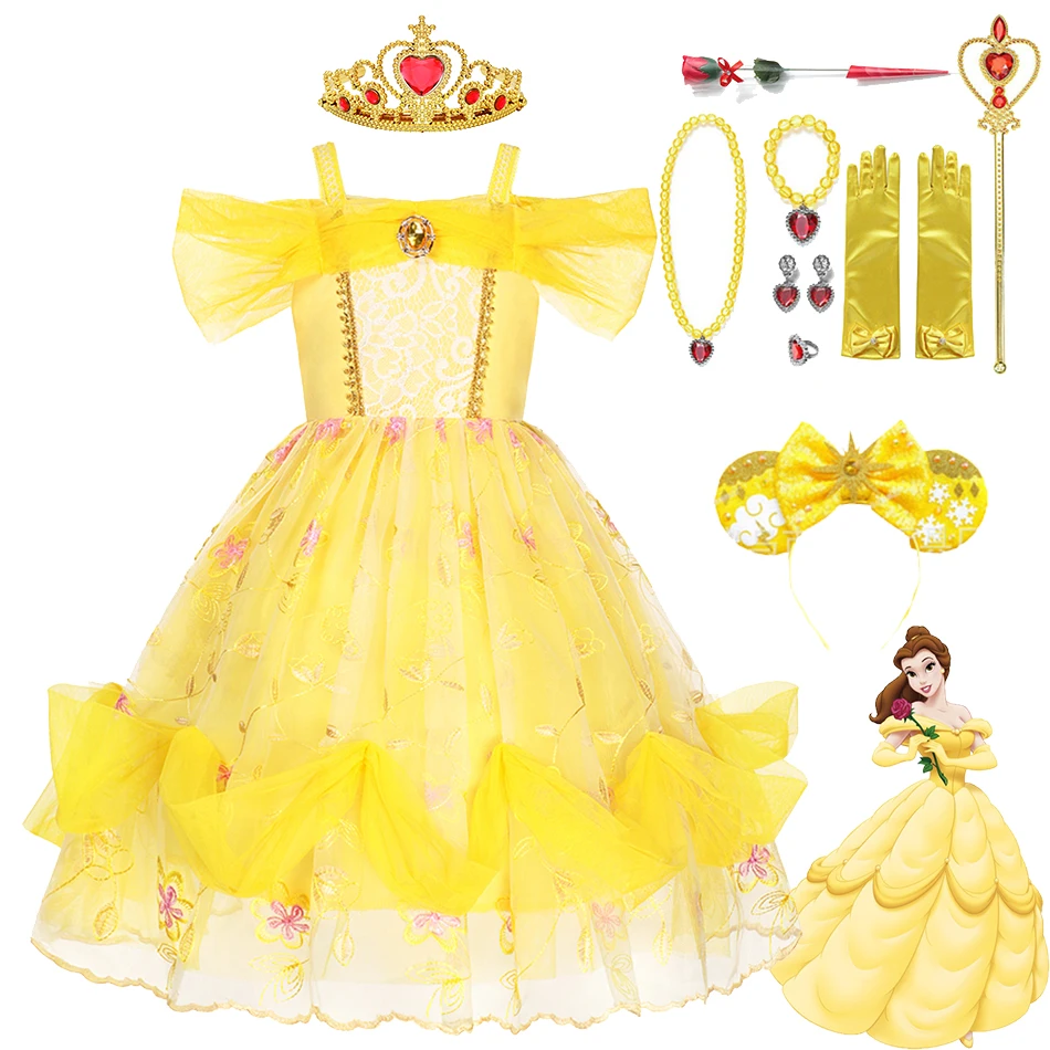 

Kids Girls Belle Princess Dress UP Costume Cosplay Beauty and the Beast Ball Gown Flowers Child Halloween Party Fancy Dress Girl