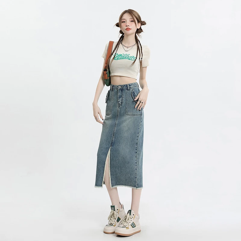 Real time shooting of high waisted split denim skirt women's blue summer fashion small figure buttocks up skirt