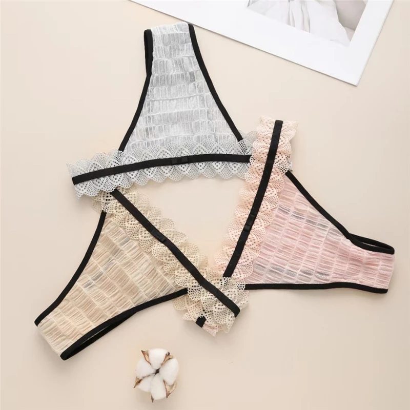 

Ladies sexy hollow fluffy airy breathable seersucker thong elastic band lace trim thong women t-pants