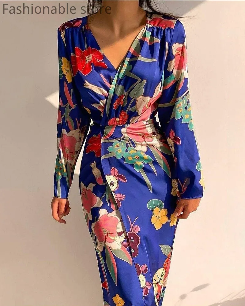 

Women Long Sleeve Floral Print V-Neck Maxi Dress