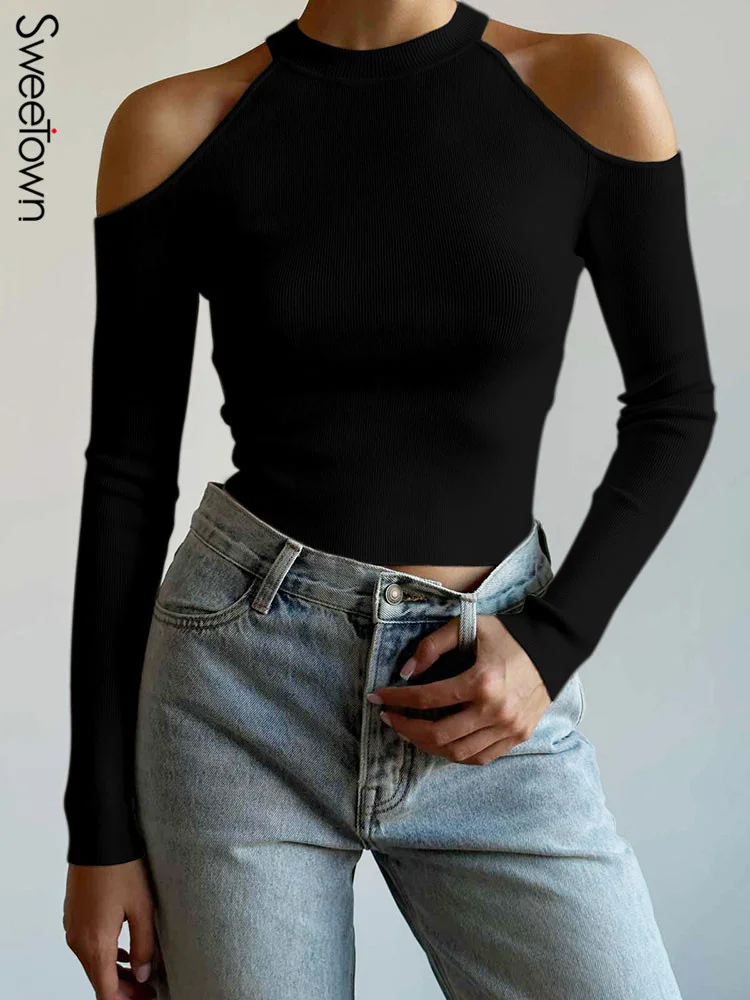 

Sweetown High Strecth Solid Black Basic Elegant Knit Tops Shoulder Cut Out Skinny Sexy Women Clothing Long Sleeve Crop T-Shirts