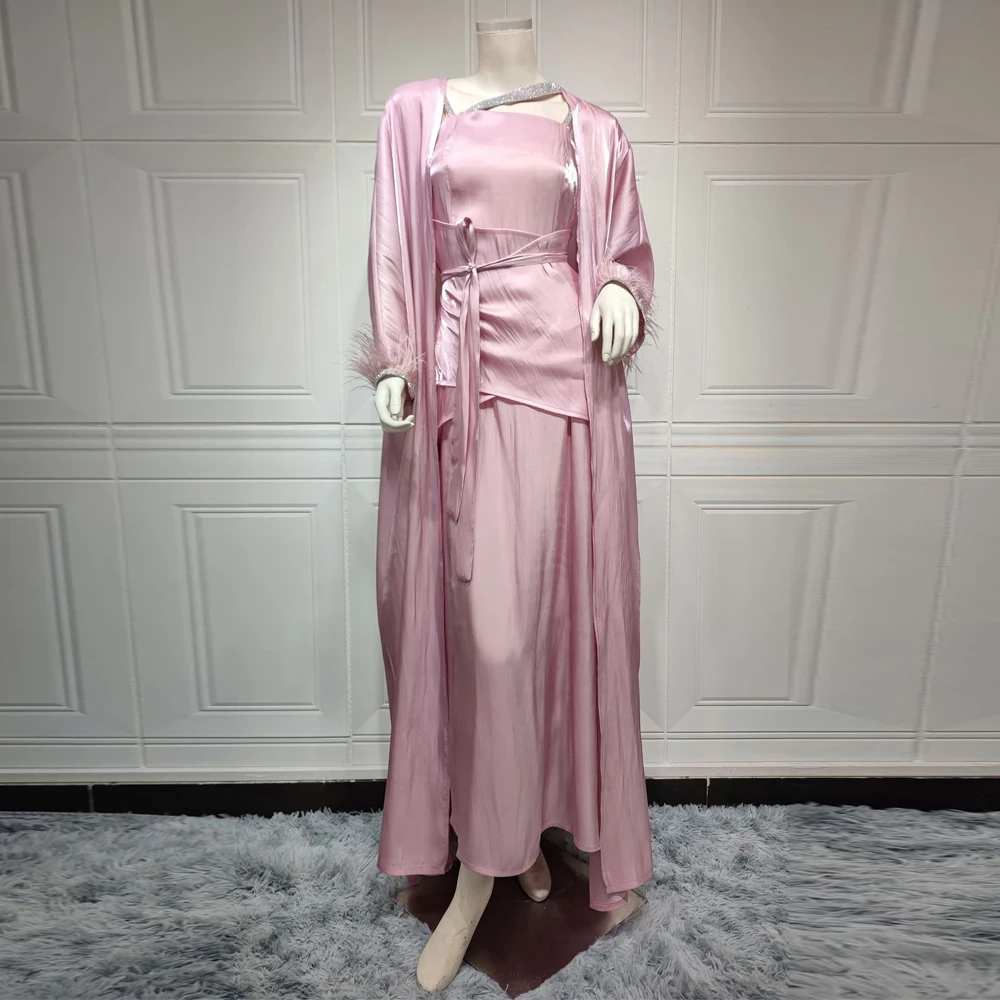 MD 2023 Spring Dubai Luxury Abayas For Women Ensemble Femme Musulmane Feather Silk Dress Muslim Sets Wedding Party Gown Clothing
