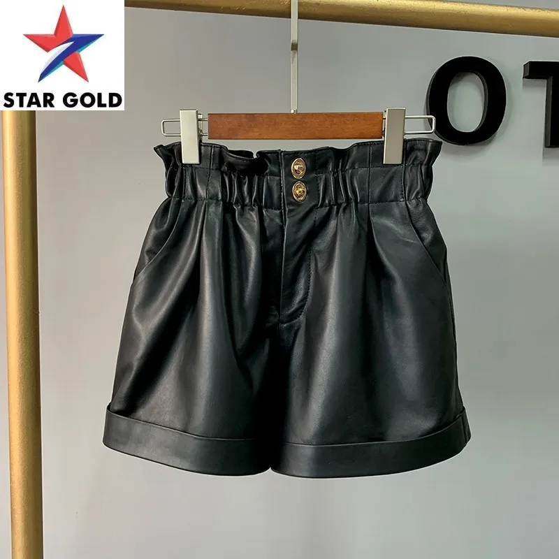 High Waist Autumn Genuine Leather Women Loose Fit Straight Natural Real Sheepskin Wide Leg Casual Shorts Female
