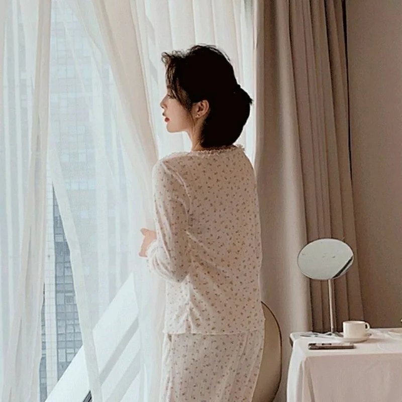 Kawaii Pajama Summer Suit for Women Two Piece Set Summer Small Floral Lace Edge Pyjamas Sleepwear Pijamas Home Clothes