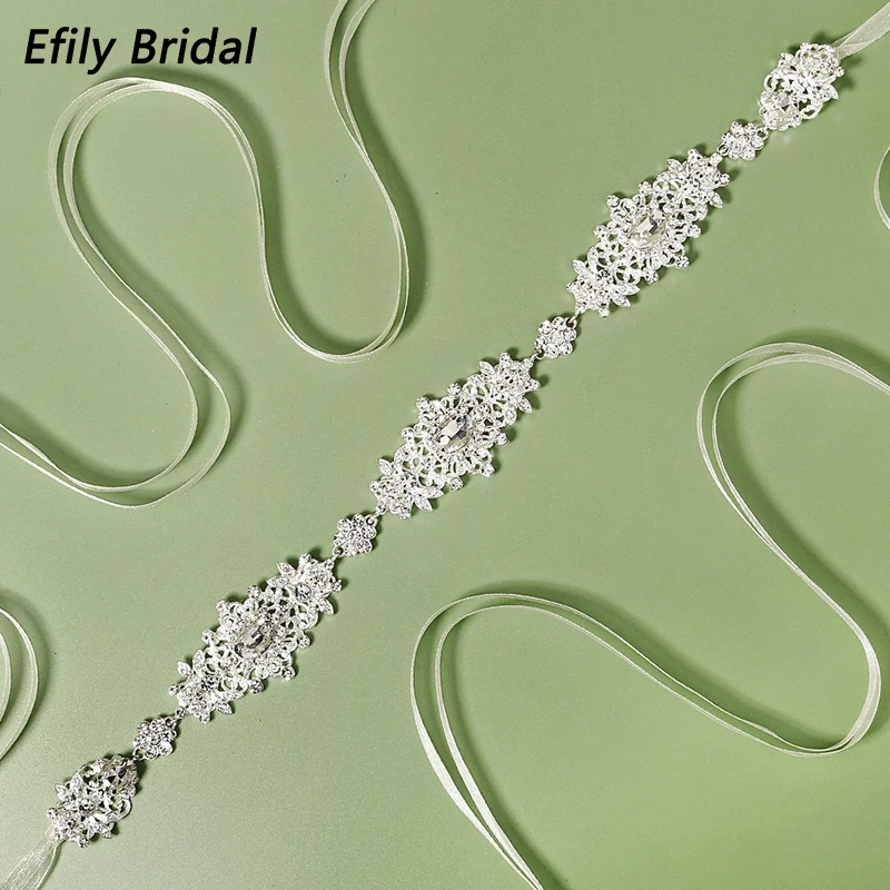 

Efily Rhinestone Bridal Belt Wedding Crystal Sash Belt for Party Dress Accessories Dress Party Silver Color Bridesmaid Gift