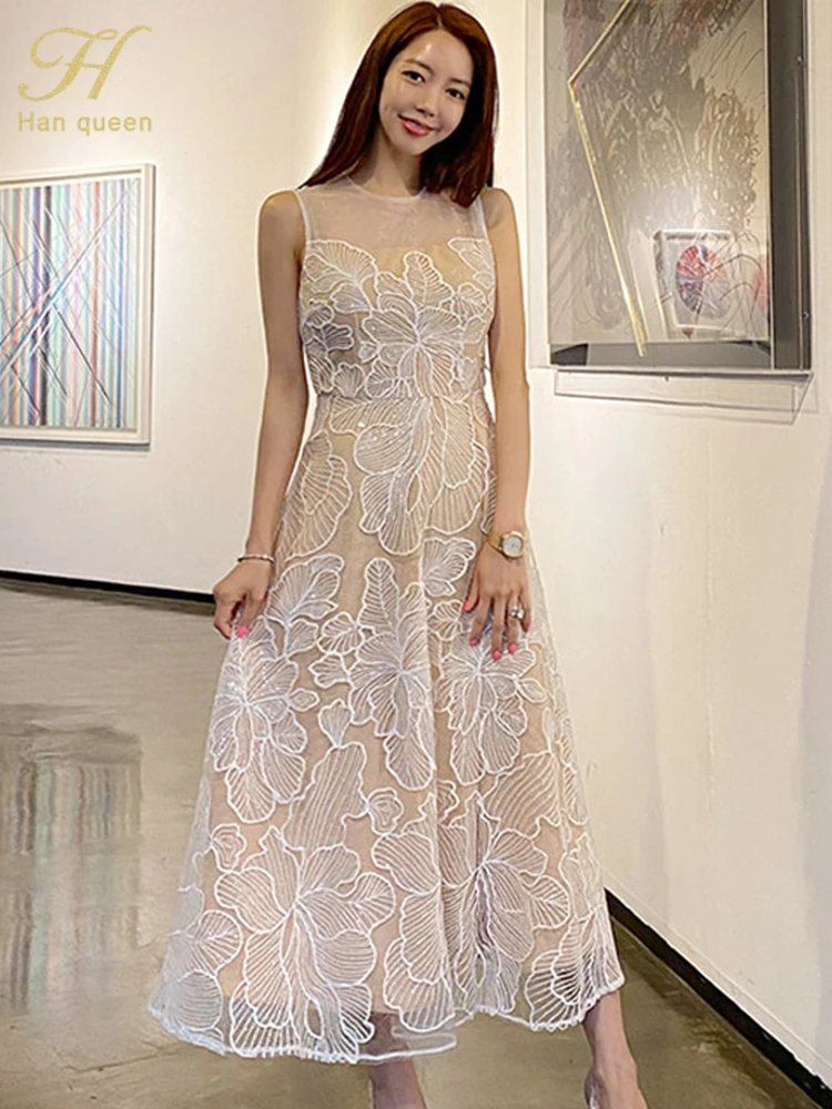 

Лидер продаж, летние платья H Han Queen, корейские Ретро сетчатые платья без рукавов с вышивкой, модные тонкие длинные повседневные платья с круг...