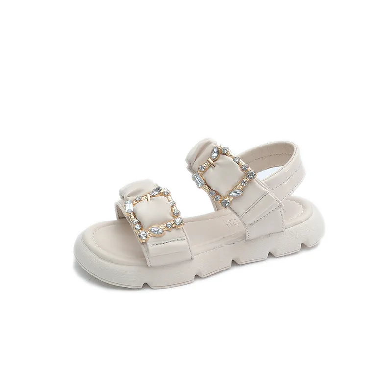

Summer Girls Sandals Elegant Diamond Decoration Little Princess Roman Shoes Soft Flat Sole Baby Beach Sandals