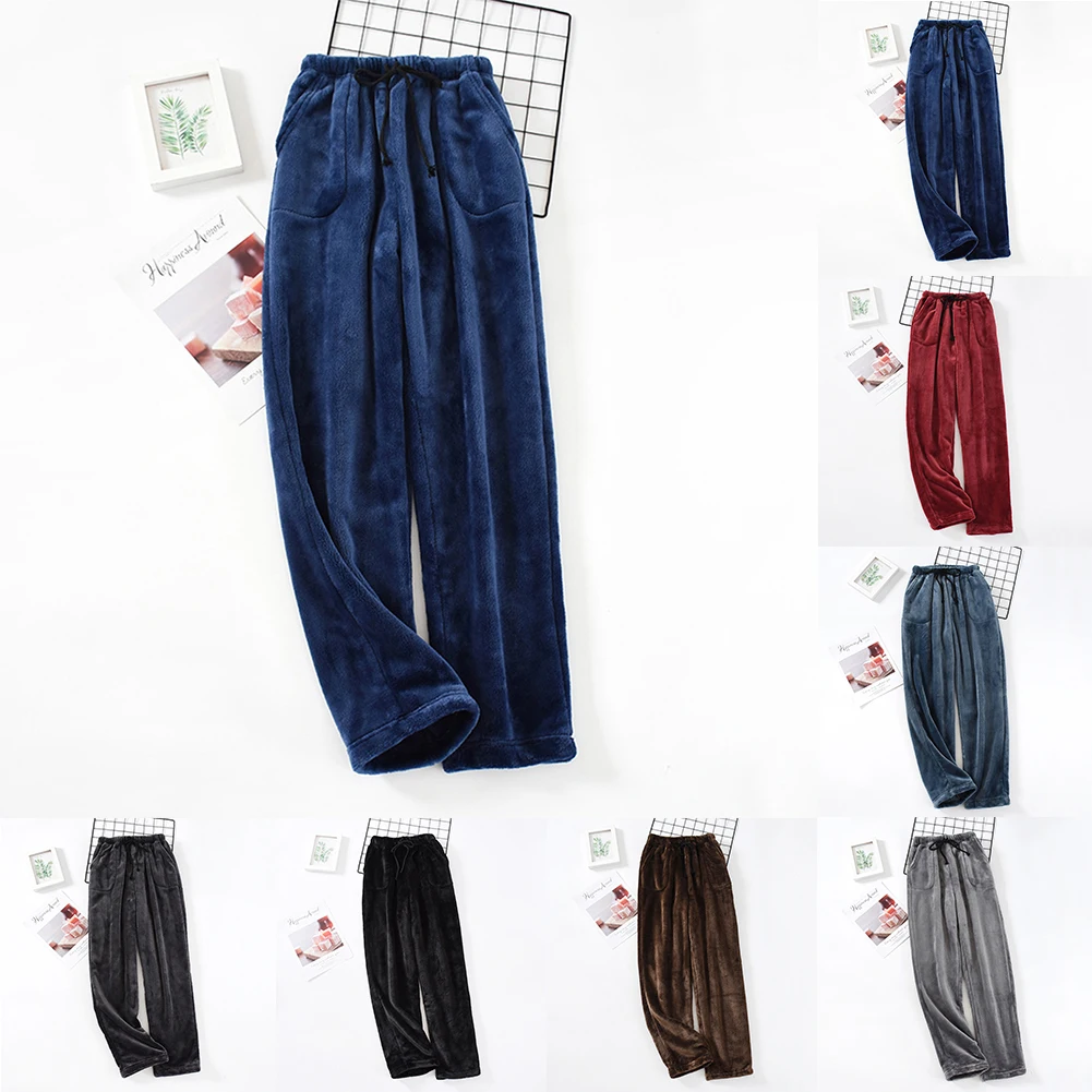 Autumn Winter Men Thick Warm Flannel Pajama Pants Elastic Waist Drawstring Loose Fleece Sleep Bottoms Homewear L-3XL