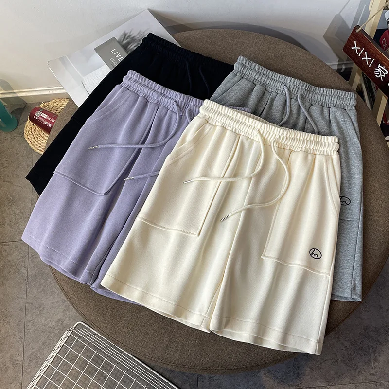 

Streetwear Shorts Women Fitness Korean Summer 2022 Woman High Waist Wide Leg Embroidered Harajuku Elastic Women's Shorts Pocket