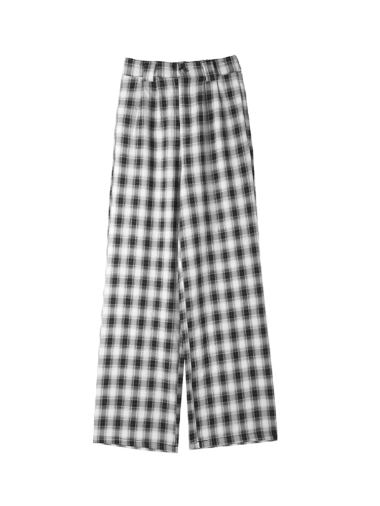 Женские клетчатые брюки в Корейском стиле HOUZHOU черные и белые свободные клетку