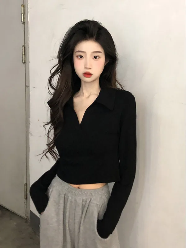 Женская футболка с длинным рукавом воротником-поло