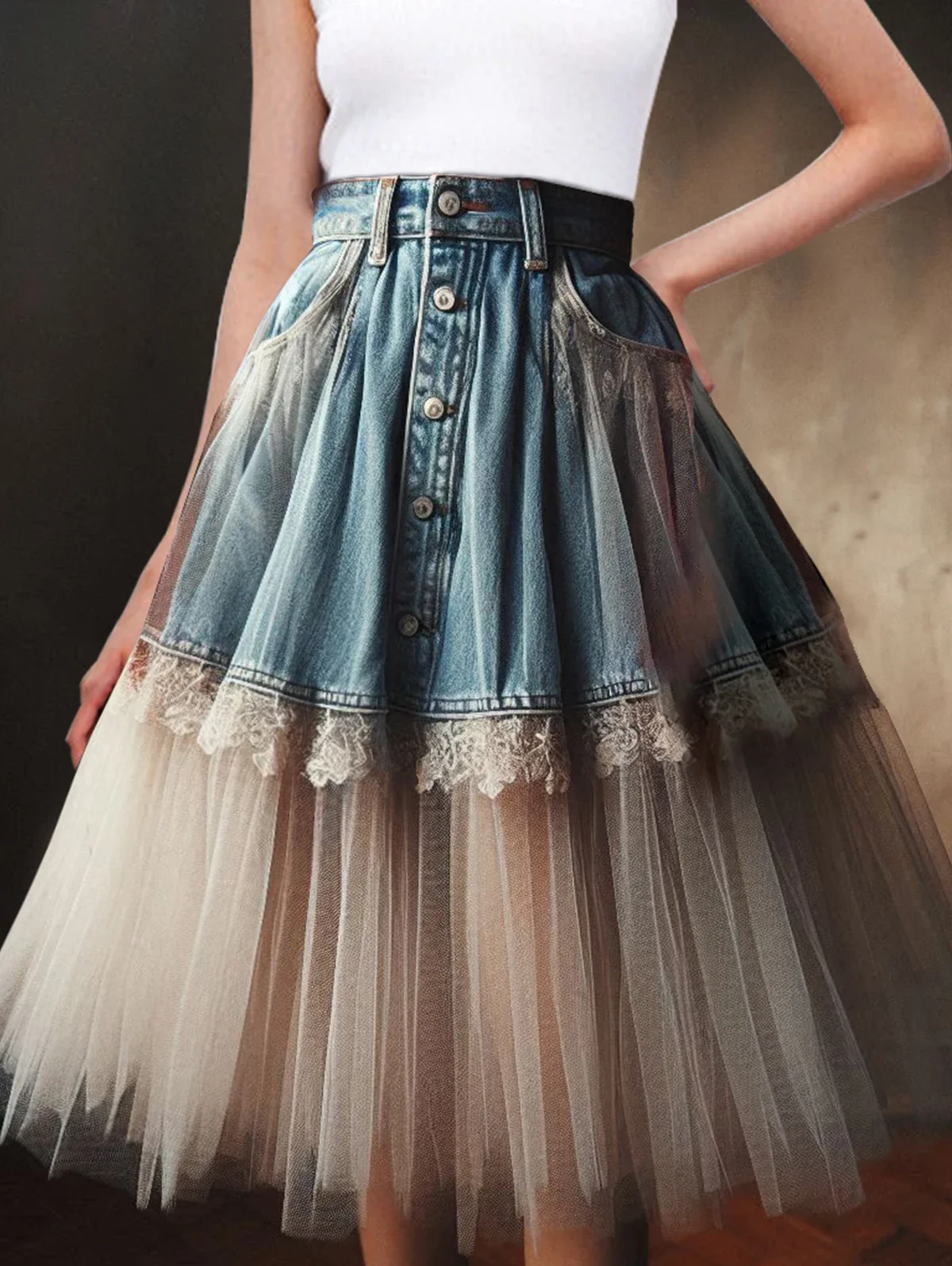 dżinsowa spódnica damska z wysokim stanem Denim Lace Tulle Patchwork A-Line Ruffled Pleated Midi Skirt 2024 Summer Y2k Fashion