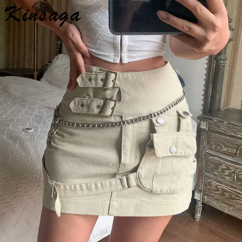 

Vintage Wild Stylish Buckle Denim Cargo Mini Skirts Y2k Low Waist Multi-pocket Stitching Streetwear Chic Skinny Bodycon Skirts