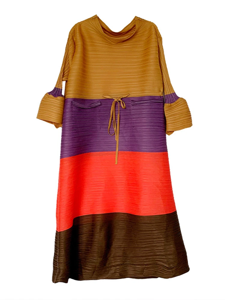 Женское плиссированное платье LANMREM свободное с длинным рукавом и круглым вырезом