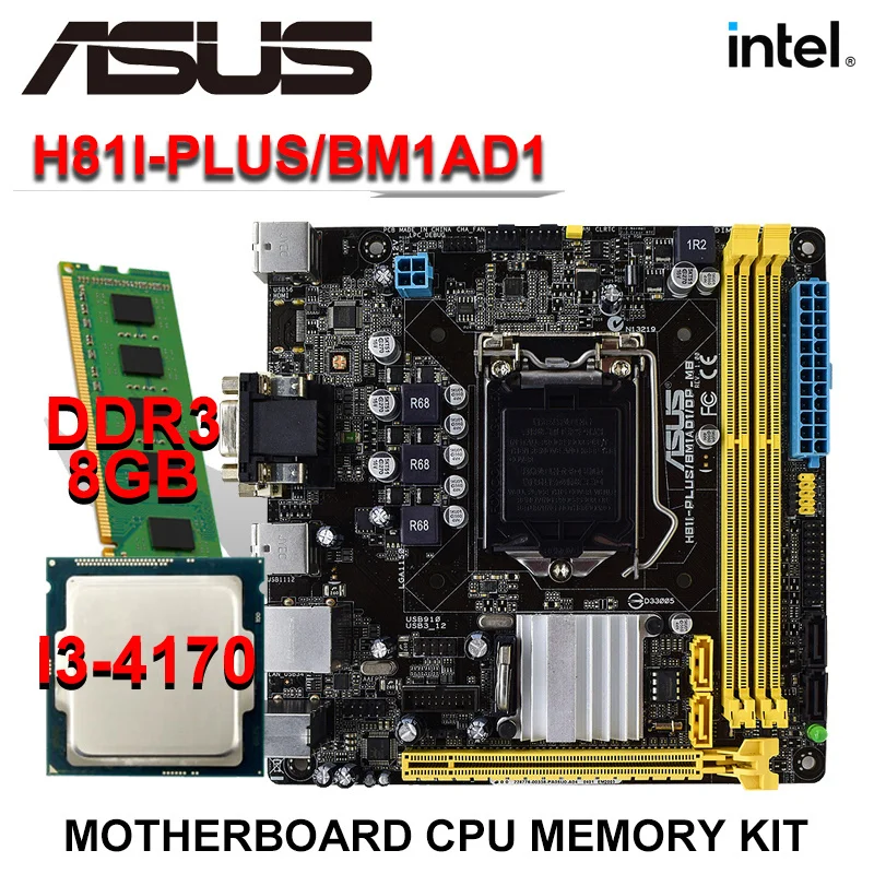 

ASUS Motherboard Kit Set H81I-PLUS/BM1AD1 with Intel Core I3 4170 CPU LGA 1150 Processor DDR4 8GB Memory SATA3 HDMI Mini-ITX