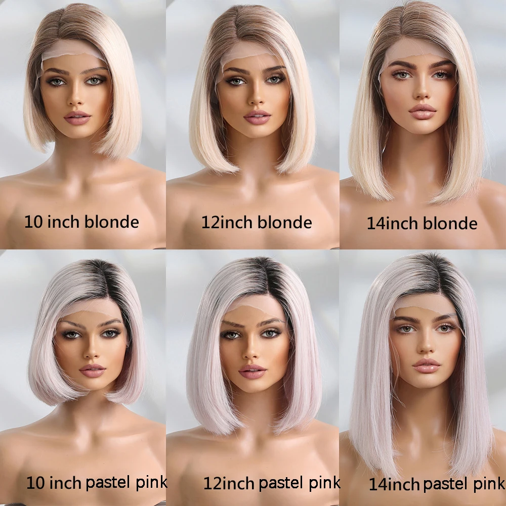HAIRCUBE 13×5×1Lace Front Human Hair Wig Ombre Platinum Blonde Shoulder Length Bob Wigs for Women Side Parted Straight Remy Hair