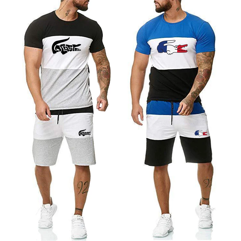 

Men's Fashion Bodybuilding Striped Tracksuits Summer Casual Cool Short Sleeve Print Sports Streetwear Graphic T-shirt Shorts Set
