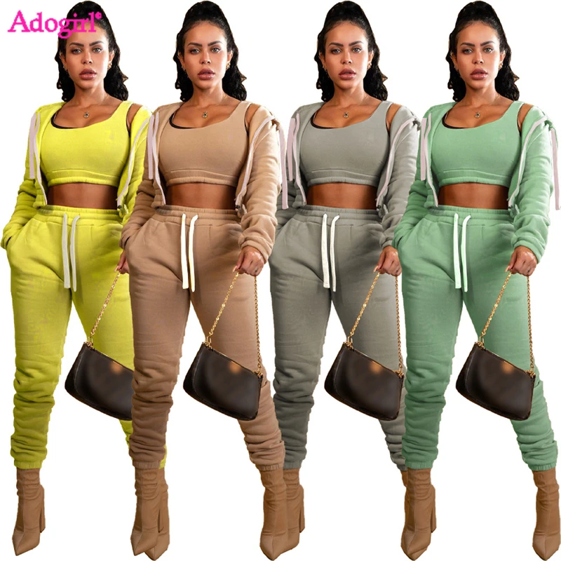 

Adogirl Solid Fleece 3 Piece Set Tracksuits Women Cropped Vest Top Long Sleeve Hooded Jackets Pockets Sweat Pants Jogger Suit