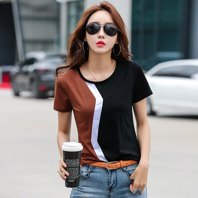 

2022 Summer New Fashion Splicing Casual Top Contrast Color O-neck Pure Cotton Short Sleeve Color Matching Slim T-shirt for Women