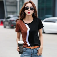 2022 summer new fashion splicing casual top contrast color o neck pure cotton short sleeve color matching slim t shirt for women