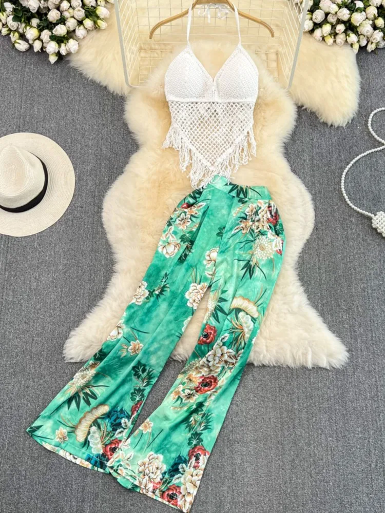 

Модный новый женский брючный костюм с цветочным принтом, элегантный пикантный повседневный топ, брюки с широкими штанинами, Женский праздничный наряд в стиле бохо из 2 предметов, одежда