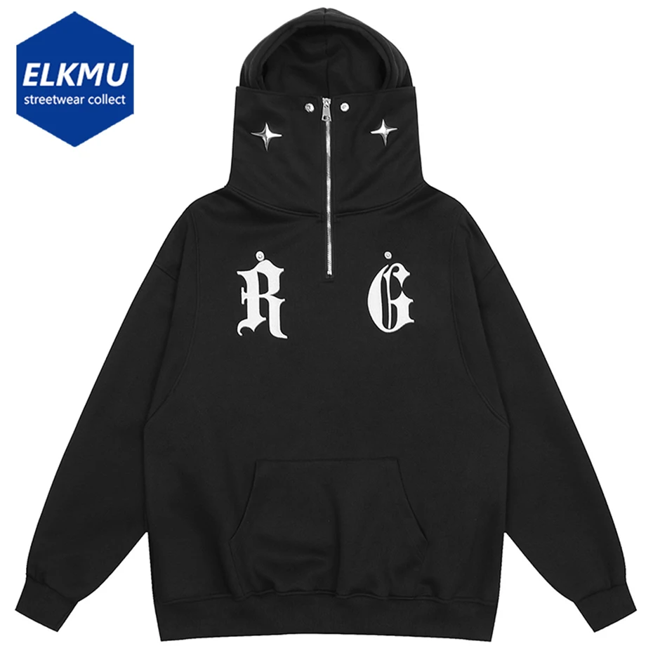 

Men Techwear Streetwear Hoodie Zipper Mask Turtleneck Hoodie Harajuku Oversized Hip Hop Hoodie Black Loose Fashion Sweatshirt