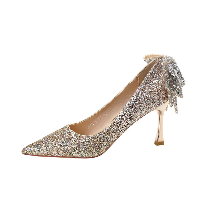

Bow Gradient Crystal Sequins Bridal Wedding Shoes Women Gold Heels Silver Stiletto Pumps