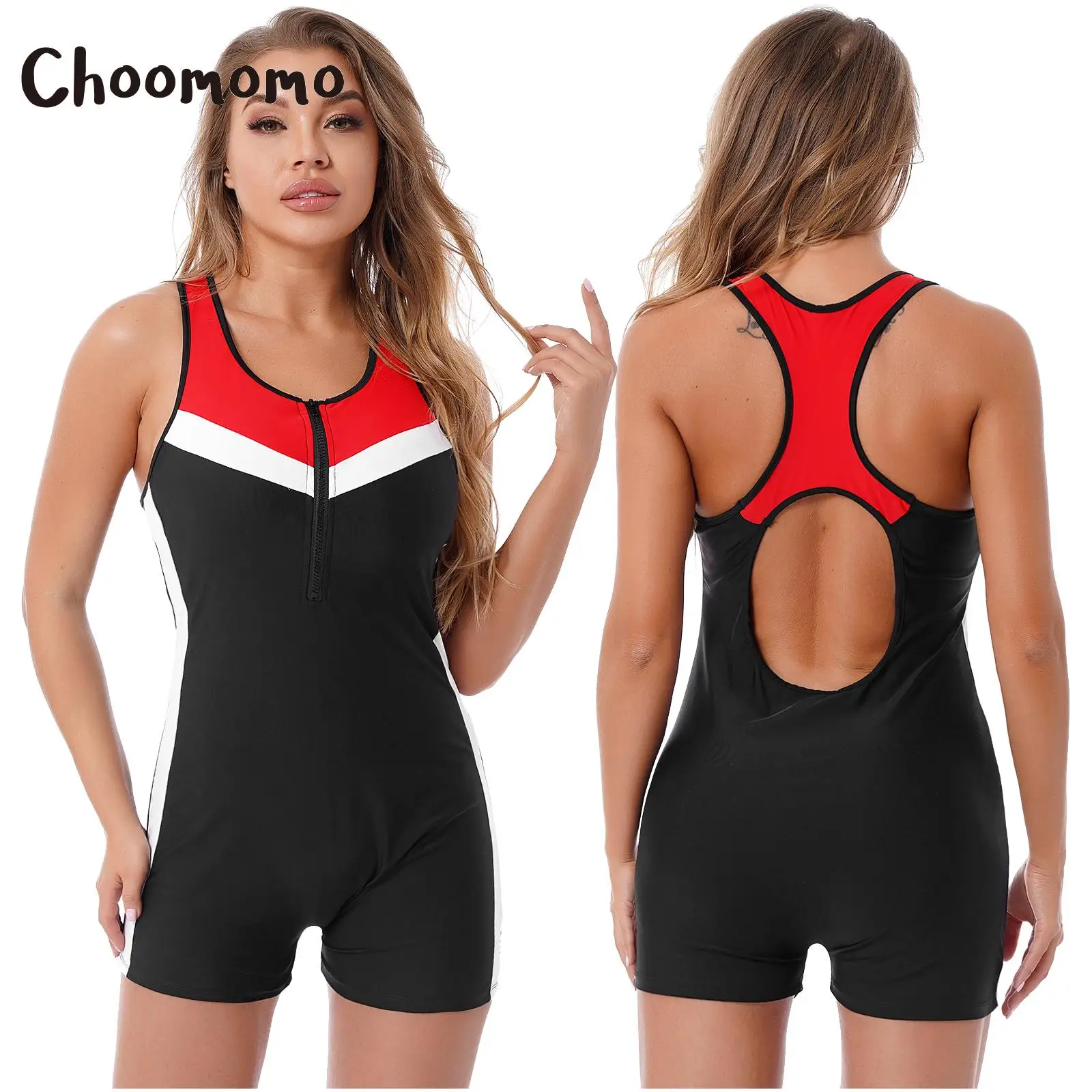 

Choomomo Womens Fashion 1Pcs Colorblock Sleeveless Bodysuit Swimwear Racer Back Keyhole Jumpsuit with front Zipper Bathing Suits