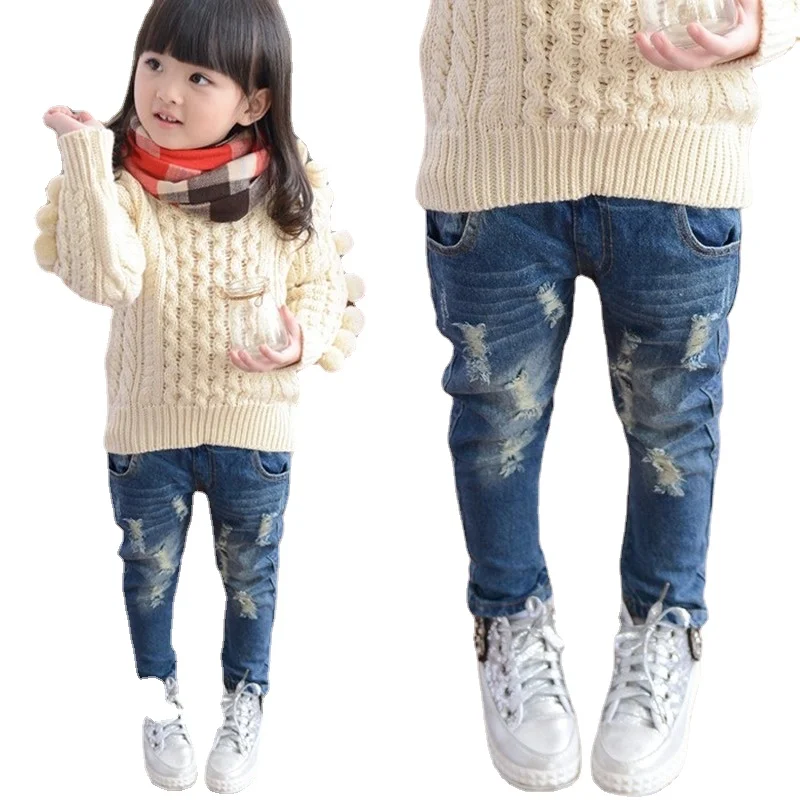 

Джинсы для девочек, новинка на весну и осень, детские штаны с дырками для малышей, модные джинсы в Корейском стиле, рваные детские джинсы 2-5 6 7 8 9 10 11 12 лет
