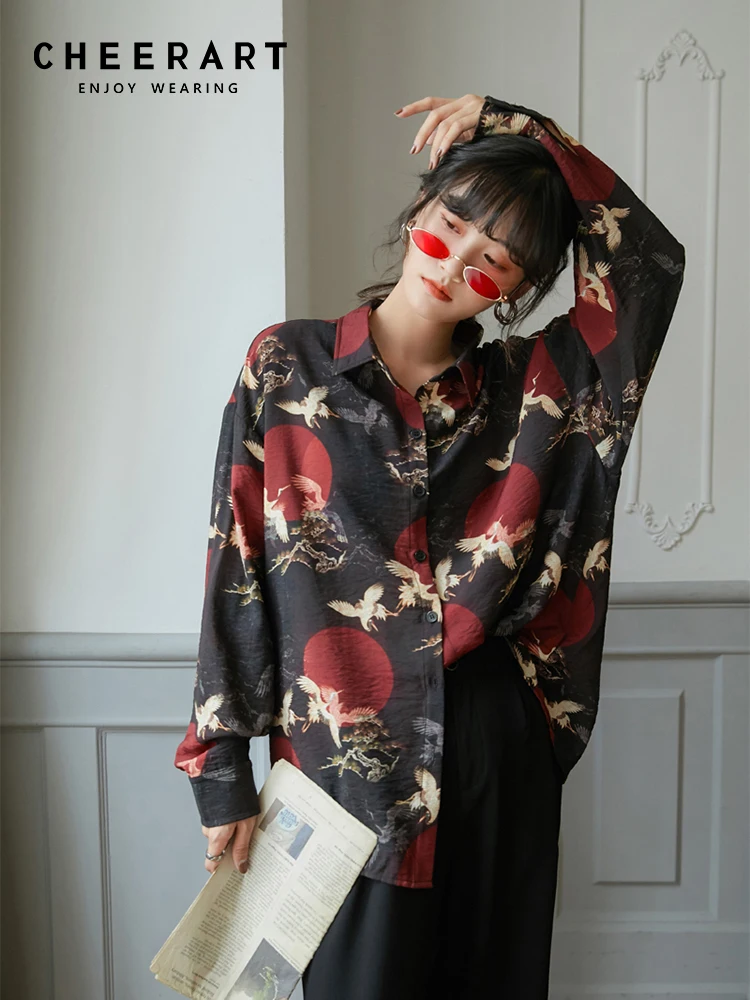 Camicetta a maniche lunghe di moda giapponese CHEERART autunno 2020 camicia da donna allentata con stampa a gru superiore Vintage abbigliamento autunno