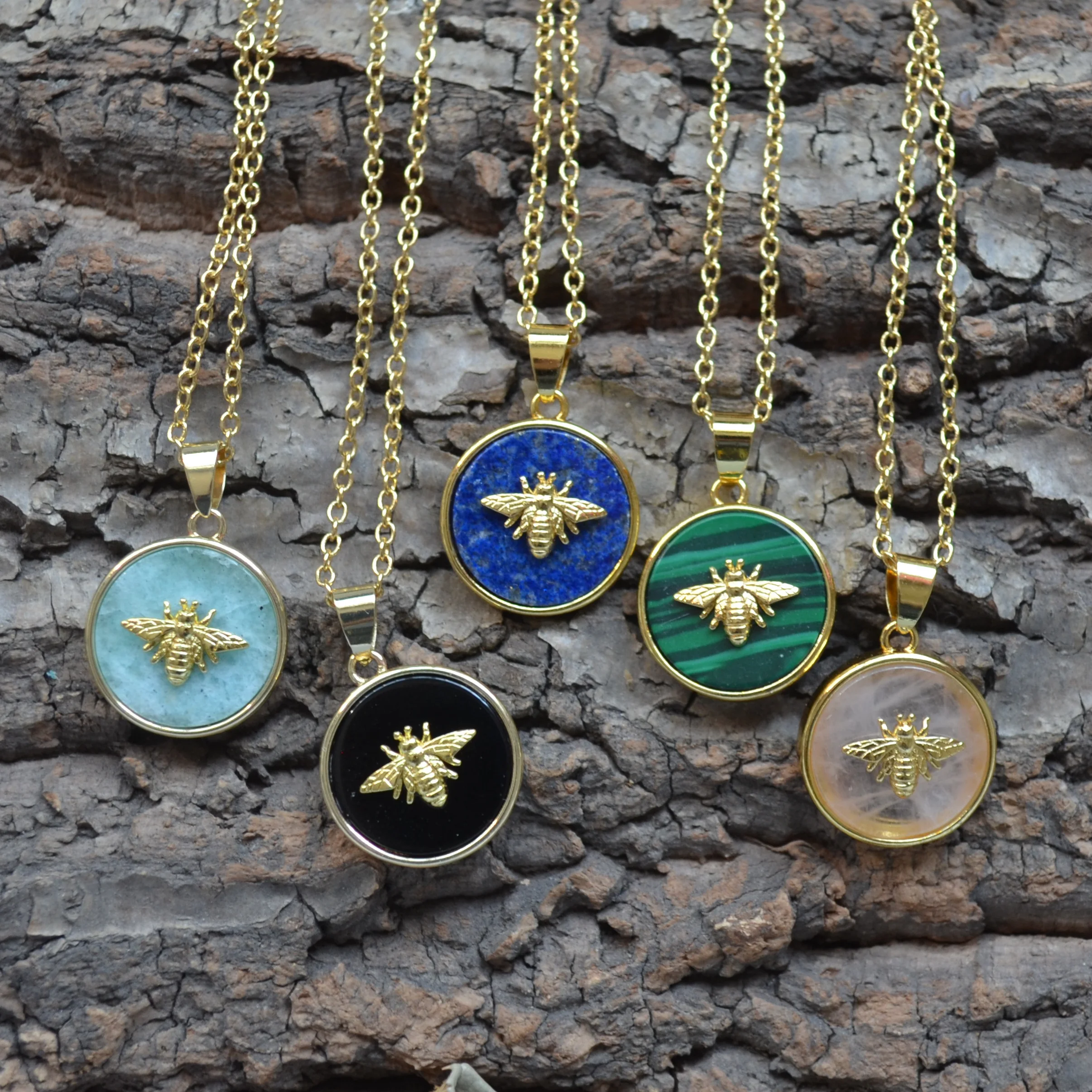 

Round black agate / amazonite /rose quartz / lapis pendants with gold electroplated insect paved for jewelry making
