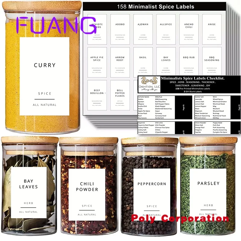 Custom Minimalist Spice Jar Labels Printed Spice Stickers Waterproof Label Fits Round Bamboo Jars or Rectangular Spice Jars