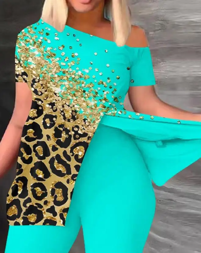 

Летний наряд для женщин 2023 Европейская и американская мода женский контрастный Леопардовый принт скошенный шейный костюм и брюки