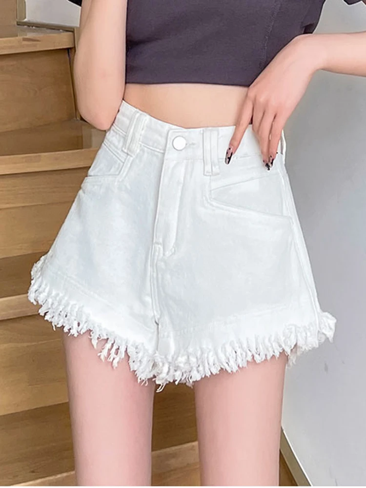 Casual High Waist Tassel Denim Shorts Loose A-Line Hot Pants 2023 Summer New Korean Fashion Women'S Clothing