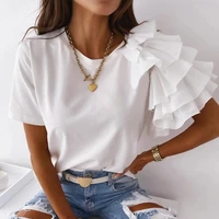 women cascading ruffle blouse shirts summer elegant solid color short sleeve asymmetric t shirt female casual loose blouses top