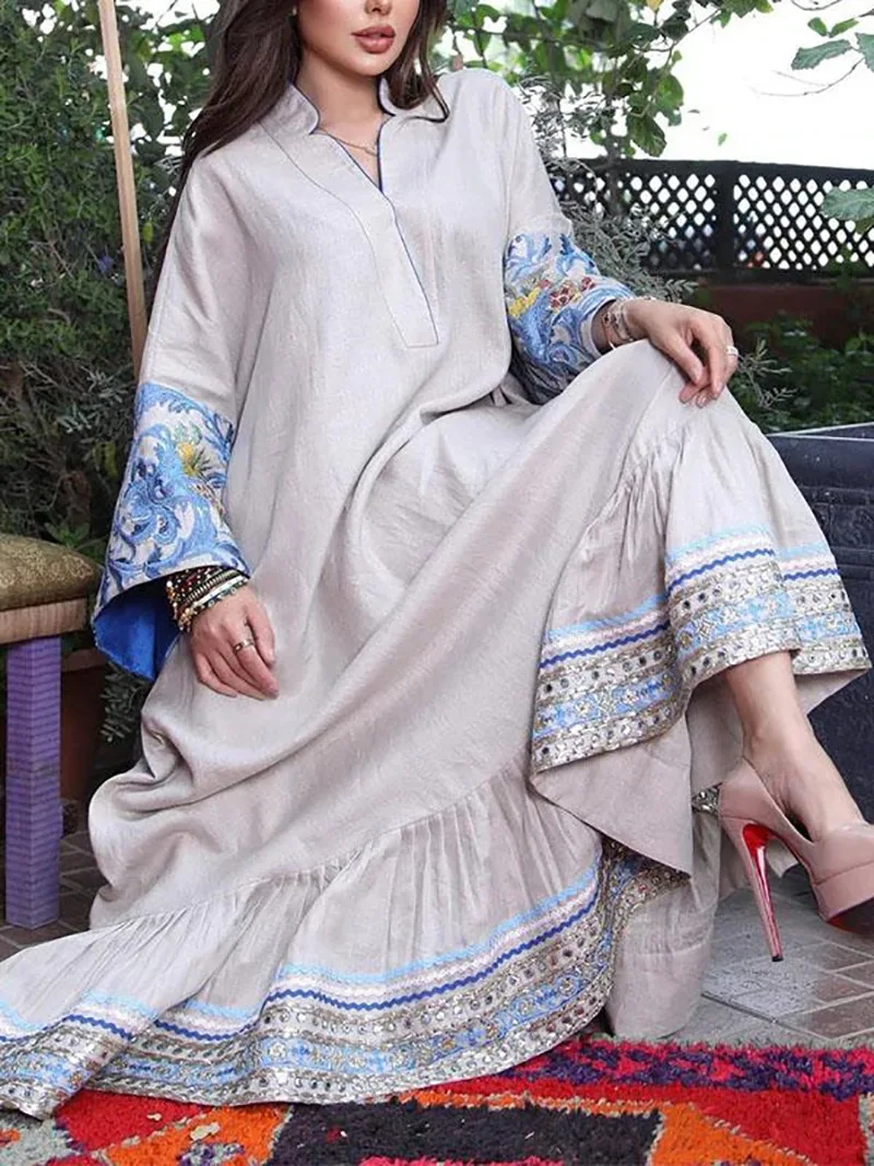 

Women Dress Summer And Spring Floral Print Ruffle Loose Mid Waist Long Sleeve V-Neck Ankle Breathable Zipper Casual A-Line Robe