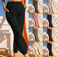 2022 spring and autumn new womens linen cotton lotus leaf trousers elastic casual pants women lady long trousers